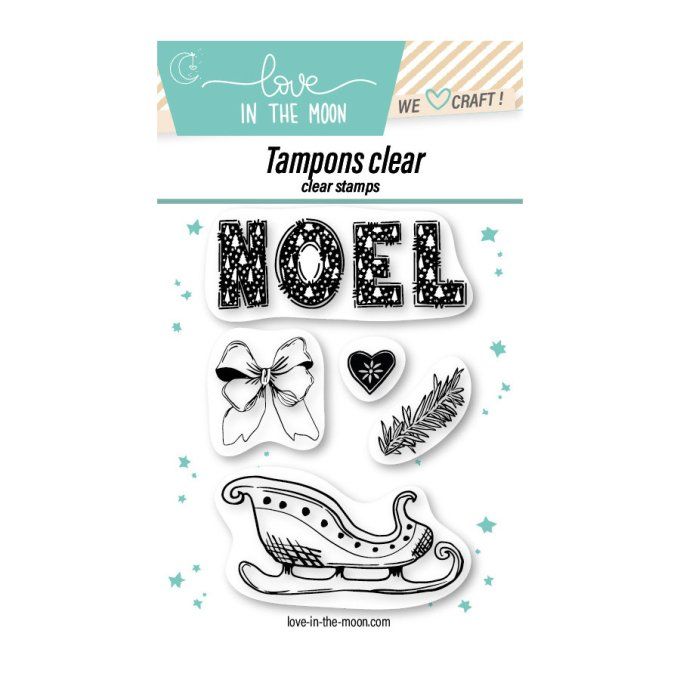 5 Tampons clears - Love in the moon, Noël & traineau, dim. de la planche : 6.5x9.5cm environ