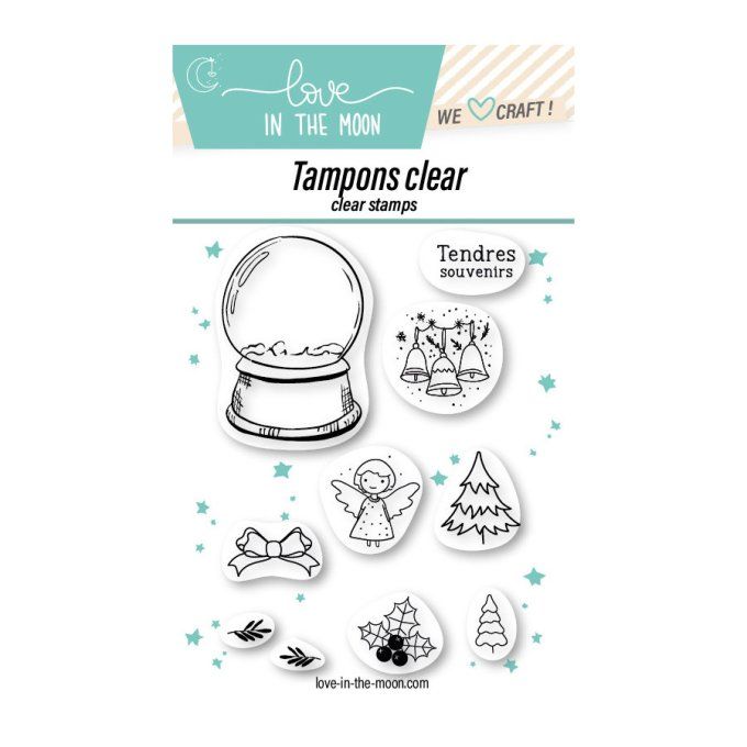 10 Tampons clears - Love in the moon, Boule de neige combinable, dim. de la planche : 6x10cm environ
