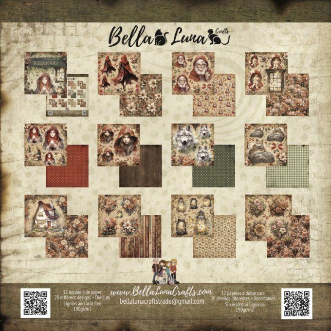 Ensemble de 12 feuilles motif recto verso, 20x20 - Redhood - Recortables - BellaLuna crafts