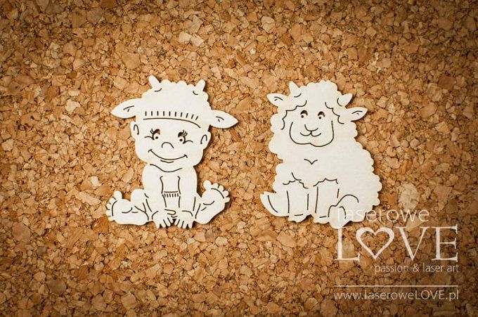 2 chipboards, Bébé et doudou (mouton) - dimension : 5x4.5cm et 4.5x3.5cm environ