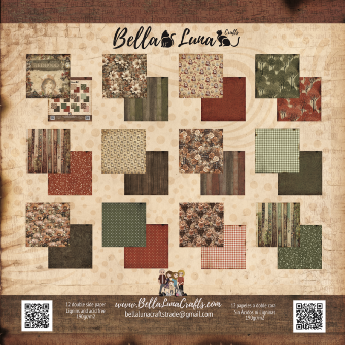 Ensemble de 12 feuilles motif recto verso, 20x20 - Redhood - Basic - BellaLuna crafts