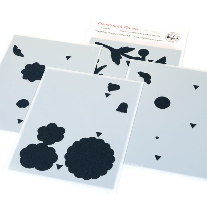 4 Pochoirs - PinkFresh, Bloomsmith florals - dimension 12.7x15.6cm environ
