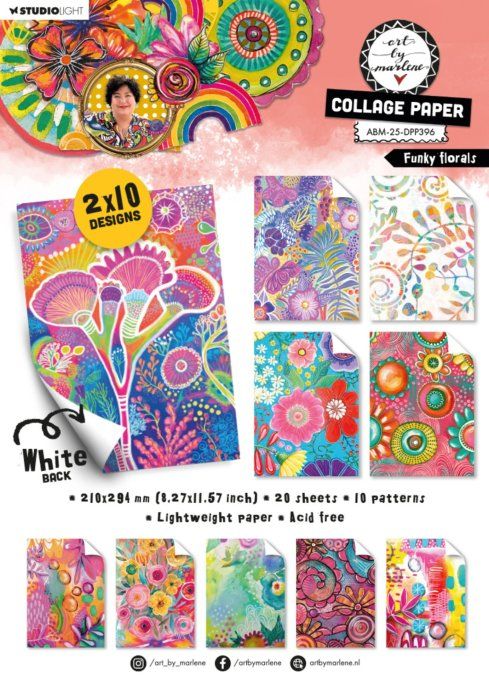 Art by Marlène, collection signature -Papiers de fond de collage - format A4, 170gsm, Funky florals