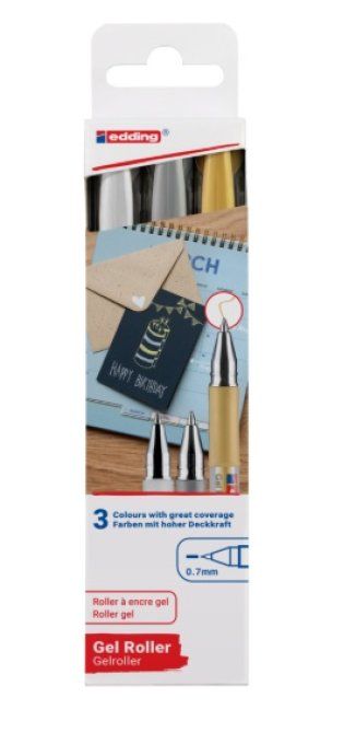 Edding - 3 gell roller - mine 0.7mm - blanc, argent et or