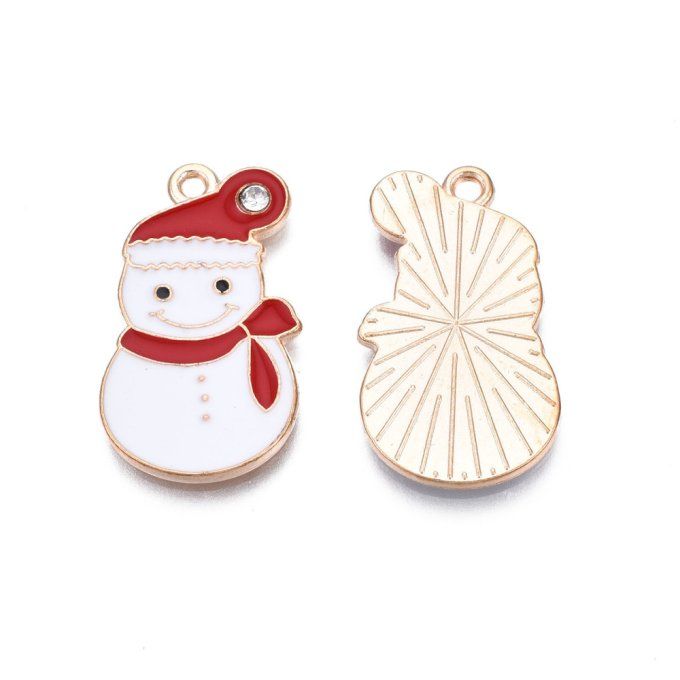 Breloque en métal doré, émaillée, Bonhomme de neige - vendue à l'unité - 1.5x2.5cm environ