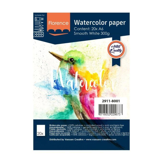 20 feuilles aquarelle, lisse, blanc, format : A6 - 300g