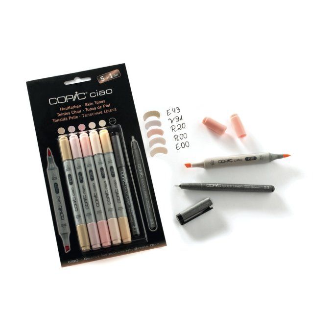 5 Feutres à alcool + 1 multiliner, Copic Ciao, Skintones - pointe pinceau et pointe biseautée
