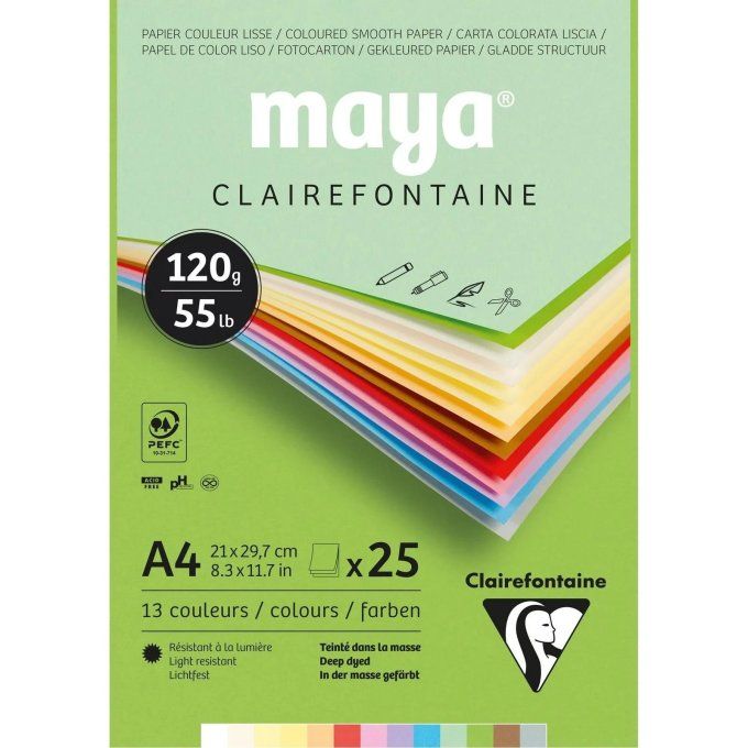 Clairefontaine - Papier Maya, Format A4, lisse, 120g, 25 feuilles, 13 couleurs