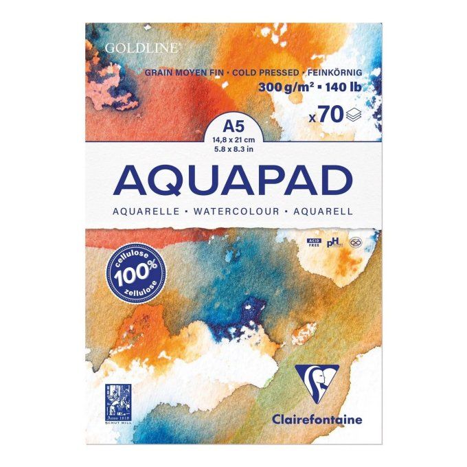 Bloc de 70 feuilles, Aquapad format A5 - 300g - pour aquarelle - blanc, Clairefontaine, texture fine