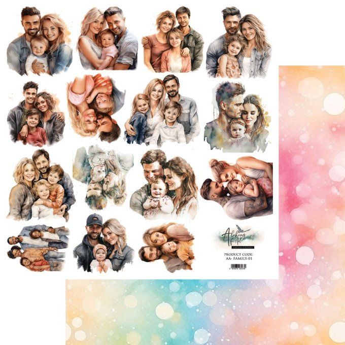 Feuille à l'unité, 30x30cm, Happy time, Famille, 250g,motifs recto, éléments à découper