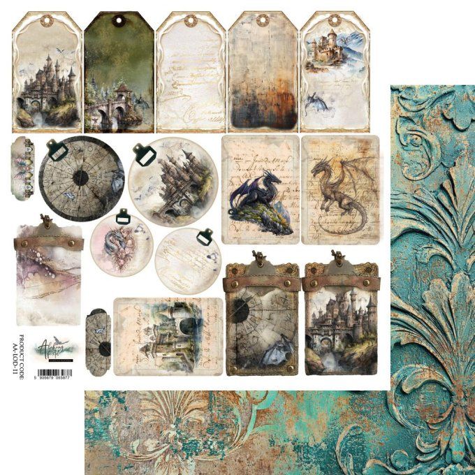 Feuille à l'unité, 30x30cm, The Legends of the dragons, 250g,motifs recto, éléments à découper