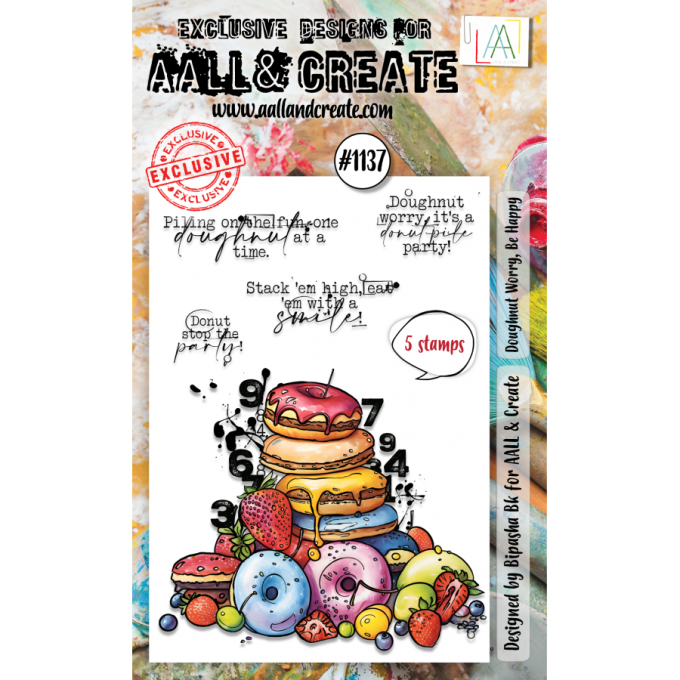 5 Tampons - AALL&Create - Donut worry, be happy - dim. de la planche : 14.5x10cm env.