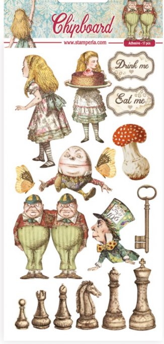 17 chipboards adhésifs, collection : Alice through .... - Stamperia - planche de 15x30cm