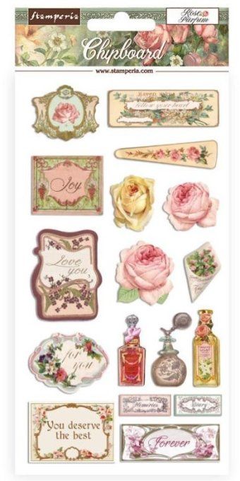 Chipboards adhésifs, collection : Rose parfum - Stamperia - planche de 15x30cm