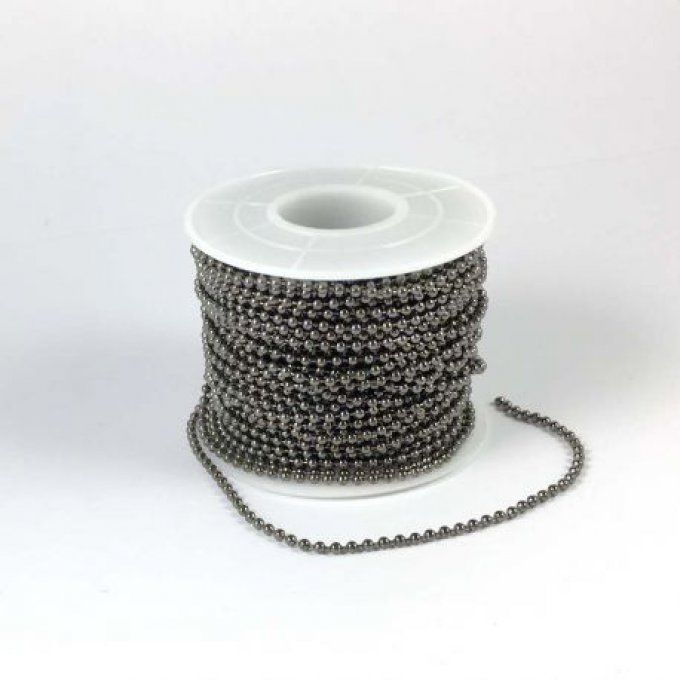Chaînette à billes en métal couleur gun métal, au mètre, diamètre billes 2mm