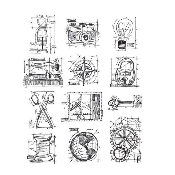 12 Tampons cling/caoutchouc - Stampers anonymous, Mini Blueprints