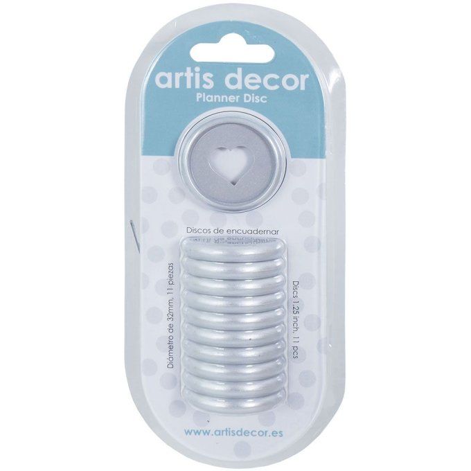 Lot de 11 Disques pour relier - couleur : platine - diamètre 32mm - (évidé en forme de cœur)