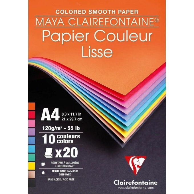 Clairefontaine - Papier Maya, Format A4, lisse, 120g, 20 feuilles, 10 couleurs