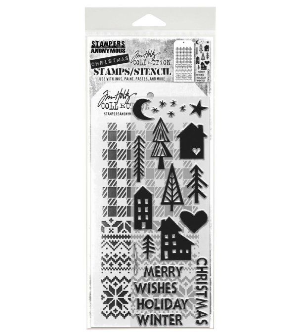 Stampers anonymous - Tim Holtz - un pochoir + tampons - Festive print