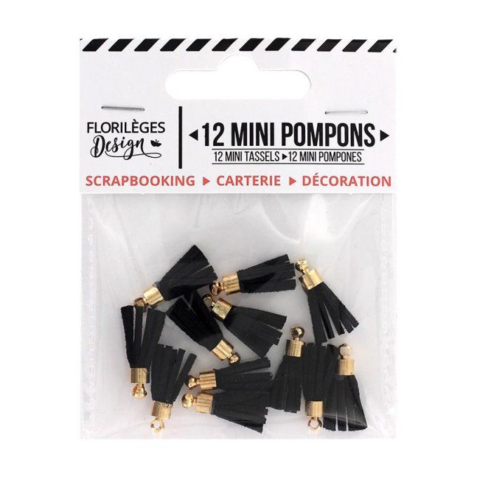 Florilèges Design, 12 mini pompons, couleur noir, longueur 1.7cm environ