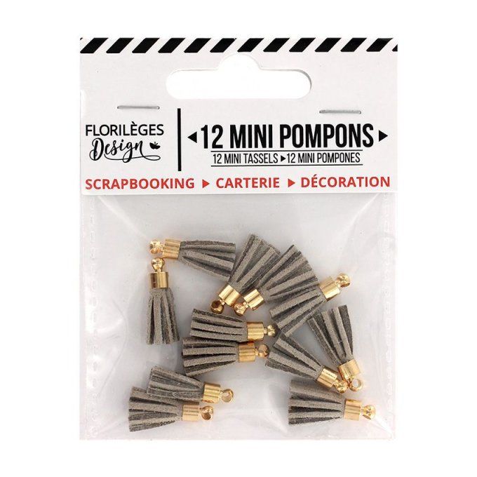 Florilèges Design, 12 mini pompons, couleur gris clair, longueur 1.7cm environ