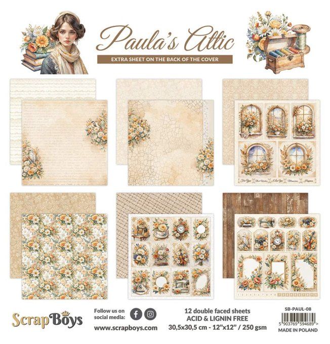 Ensemble de 12 feuilles 30x30cm, Scrapboys, Paula's Attic - 250gsm