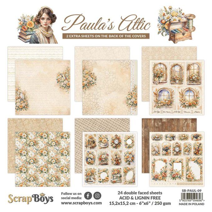 Ensemble de 24 feuilles 15x15cm, Scrapboys, Paula's Attic - 250gsm