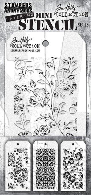 3 Mini pochoirs - Tim Holtz - dimensions utiles : 6.5x 12.8cm environ