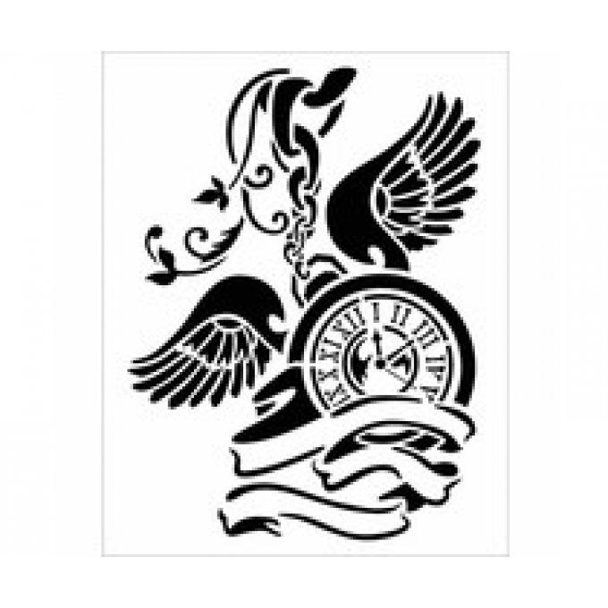 Pochoir semi-rigide, scrapbooking, "horloge et ailes", Stamperia