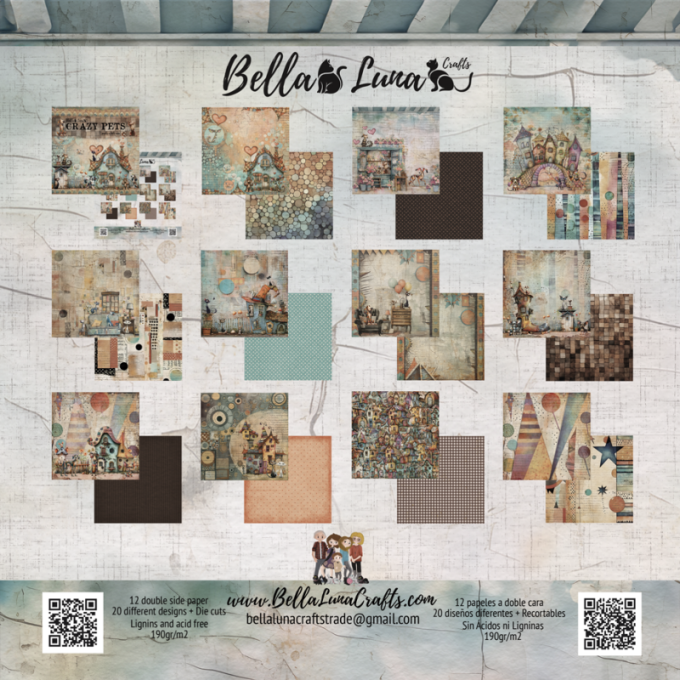 Ensemble de 12 feuilles motif recto verso, 20x20 - Crazy pets - BellaLuna crafts - 190gsm