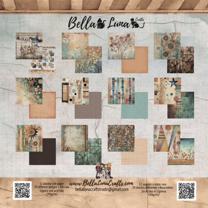 Ensemble de 12 feuilles motif recto verso, 30x30 - Crazy pets, basic - BellaLuna crafts - 190gsm