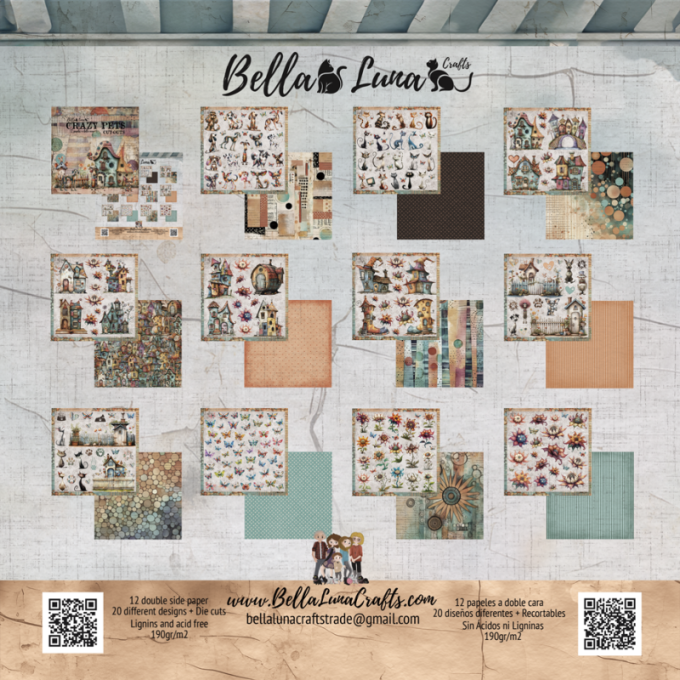 Ensemble de 12 feuilles motif recto verso, 20x20 - Crazy pets cut outs - BellaLuna crafts - 190gsm