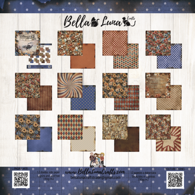 Ensemble de 12 feuilles motif recto verso, 20x20 - Pinocchio's adventure, basic - BellaLuna crafts