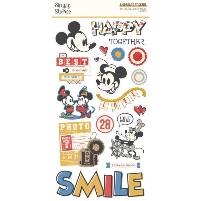 Simple stories - planche de 18 chipboards stickers - Say cheese classic mouse