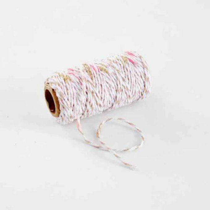 Ficelle en coton et lurex, Joy, blanc rose doré, Vivant, 2mm de diamètre et 25m de long environ