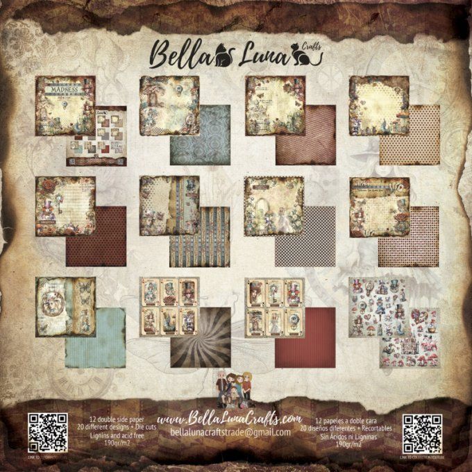 Ensemble de 12 feuilles motif recto verso, 30x30 - Madness - BellaLuna crafts