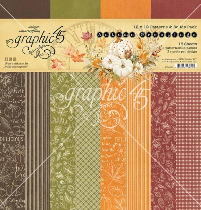 Ensemble de 16 feuilles, format 30x30cm, Collection Autumn Greetings, patterns - Graphic 45