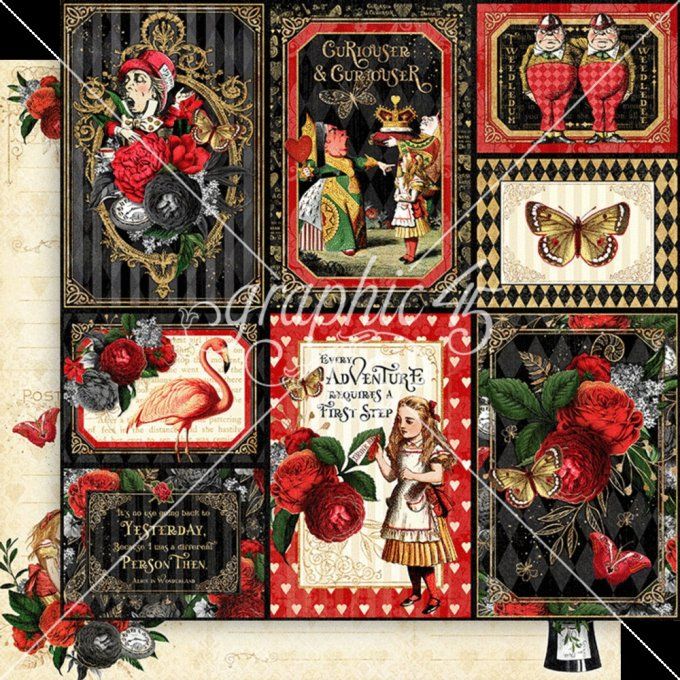 Ensemble de 16 feuilles, format 20x20cm, Collection Curiouser & Curiouser - Graphic 45