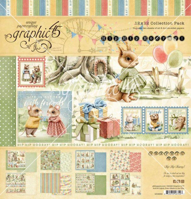 Ensemble de 16 feuilles, format 30x30cm, Collection Hip hip hooray - Graphic 45 