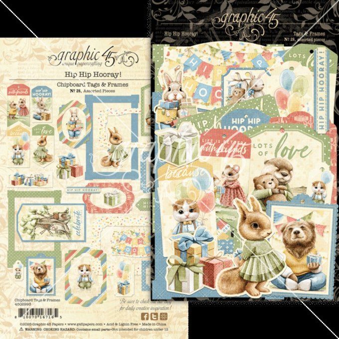 Ensemble de chipboards cartonnés, Collection Hip Hip hooray - Graphic 45 - Tags & frames