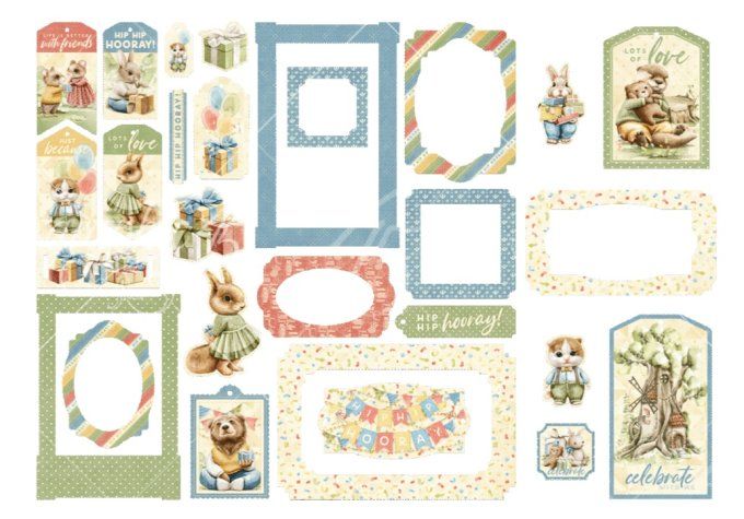 Ensemble de chipboards cartonnés, Collection Hip Hip hooray - Graphic 45 - Tags & frames