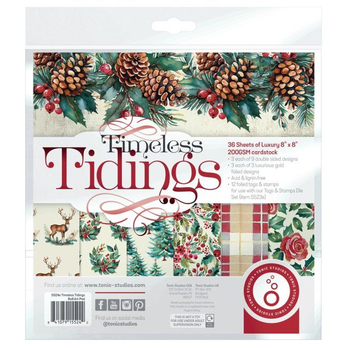 Ensemble de 36 feuilles motif recto verso, 20x20cm - Tonic studios, Timeless tidings