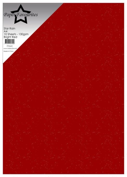 10 feuilles format A4,Paper Favourites, star rain, 130gsm,couleur : Bright red légèrement pailleté 