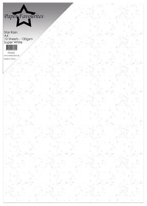 10 feuilles format A4,Paper Favourites, star rain, 130gsm,couleur : Super white légèrement pailleté 