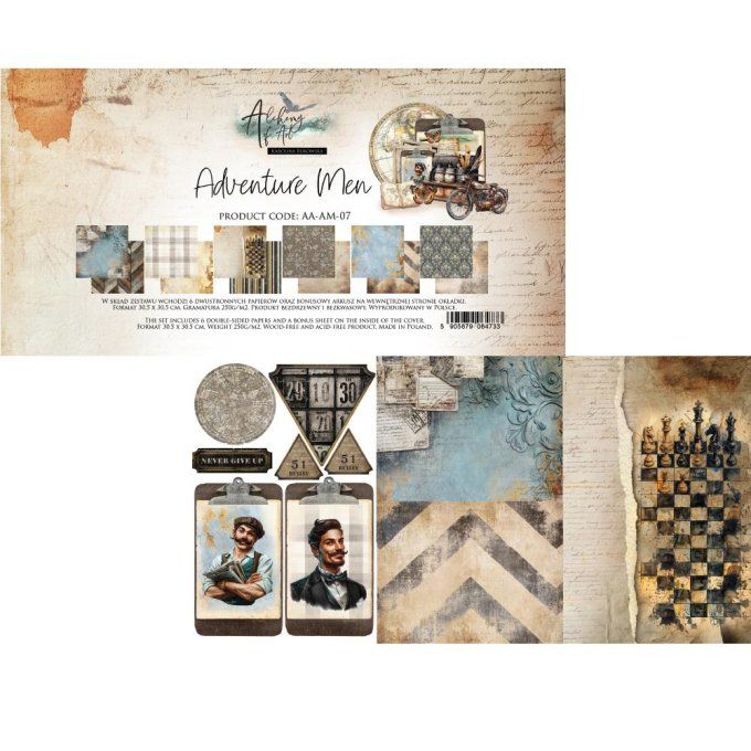 Ensemble de 6 feuilles, 30x30cm, collection : Adventure men, 250gsm