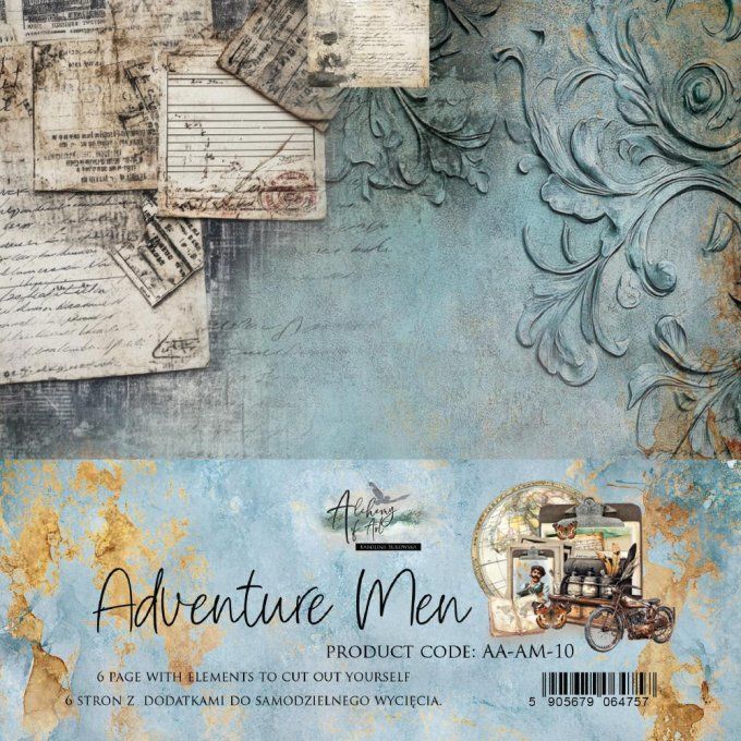 Ensemble de 24 feuilles, 15x15cm, collection : Adventure men, 250gsm