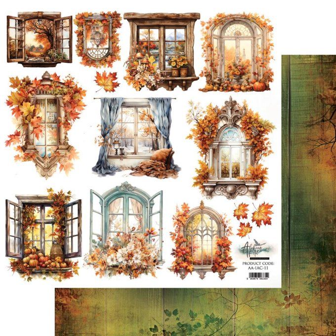 Feuille à l'unité, 30x30cm, collection : Autumn C, 250g,motifs recto, éléments à découper, fenêtres