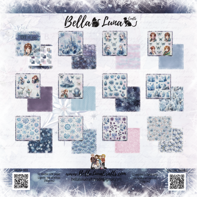 Ensemble de 12 feuilles motif recto verso, 20x20 - Let it go, cut outs - BellaLuna crafts 