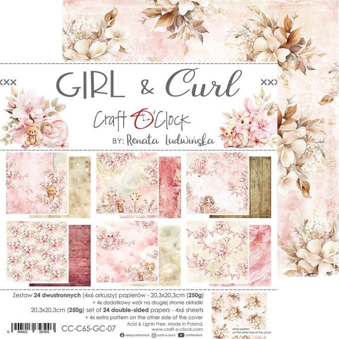 Ensemble de 24 feuilles, 20x20cm, collection : Girl & Curl - Craft O Clock, 250g