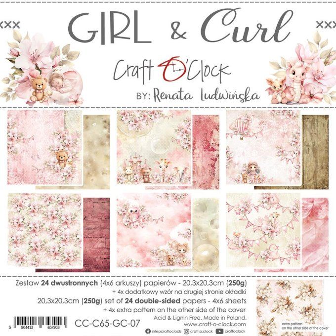 Ensemble de 24 feuilles, 20x20cm, collection : Girl & Curl - Craft O Clock, 250g